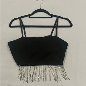 Nasty Gal Black Camisole with Silver Fringe